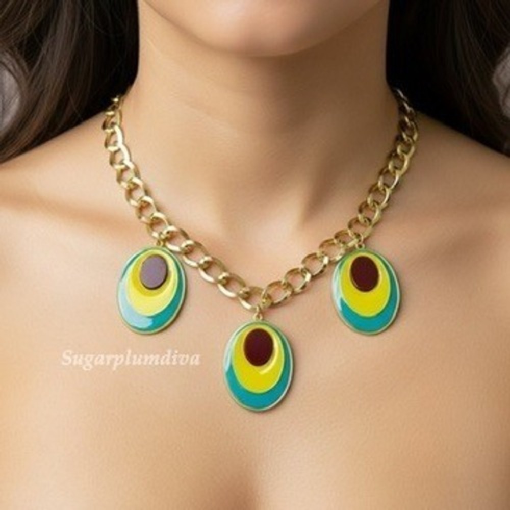 KH Studio Gold Tone Resin Green Enamel Statement Necklace‎ Peacock-like Colorful